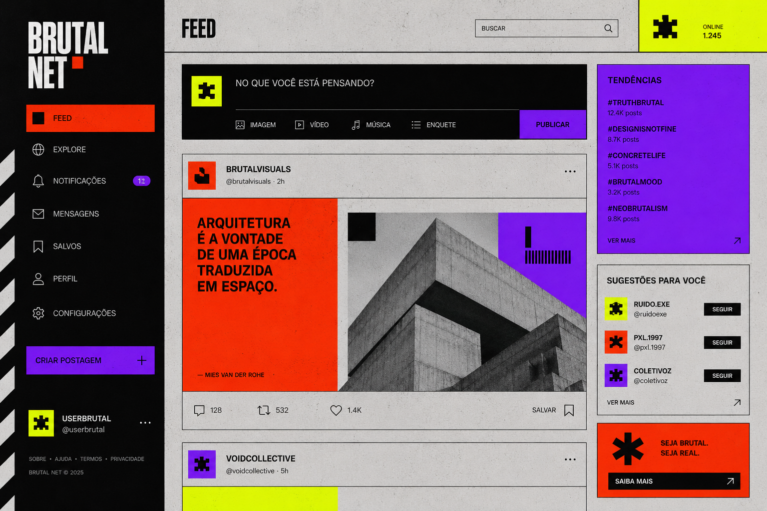 Ilustração de uma rede social com estética neo brutalista, feed, notificações, mensagens e etc